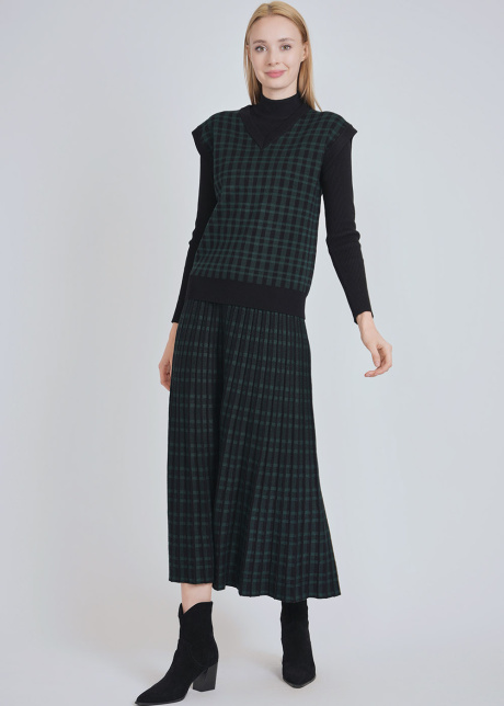 Green Check on Black Midi Skirt