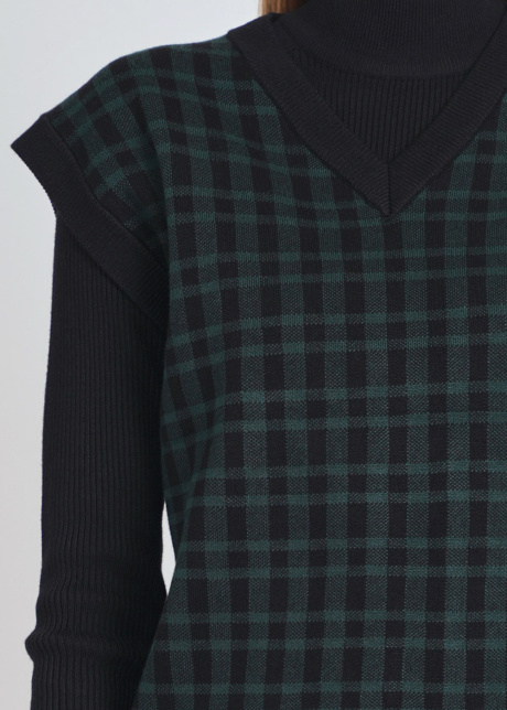 V-Neck Green Checkered Accent on Black Vest