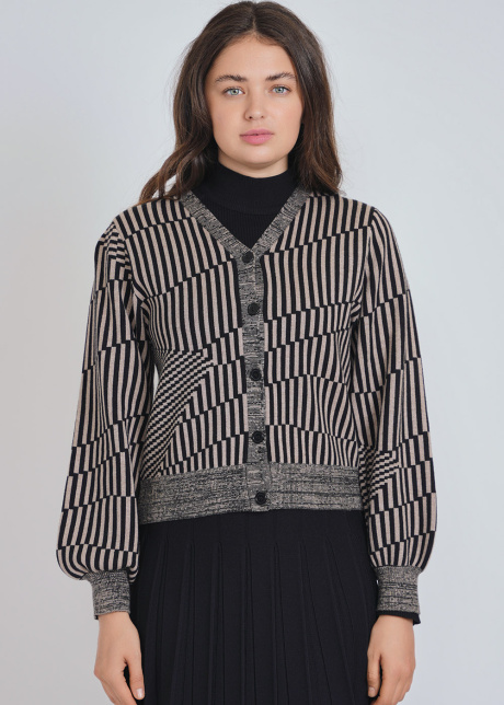Black Cardigan with Structured Geometry & Full Sleeves