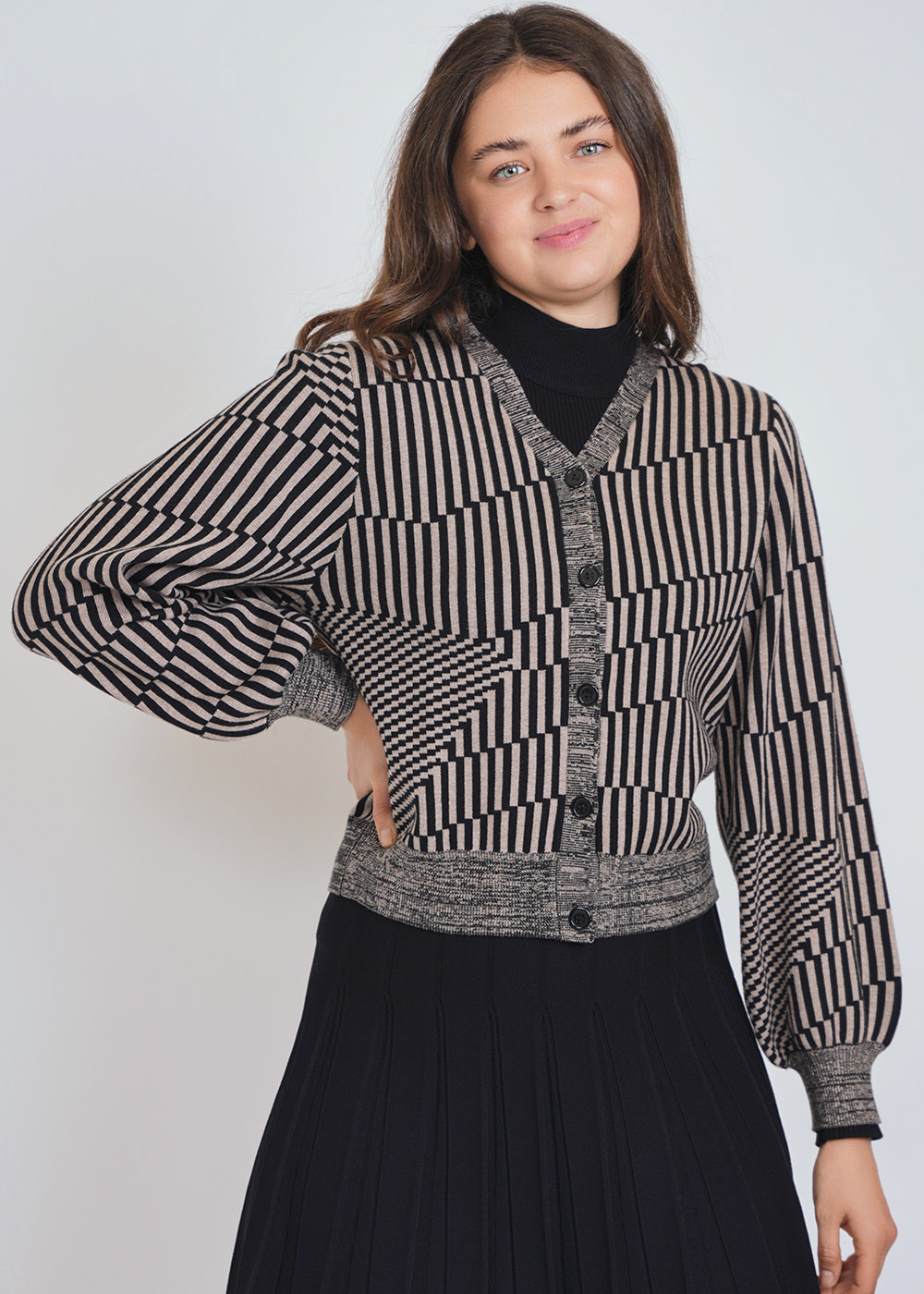 Black Cardigan with Structured Geometry & Full Sleeves