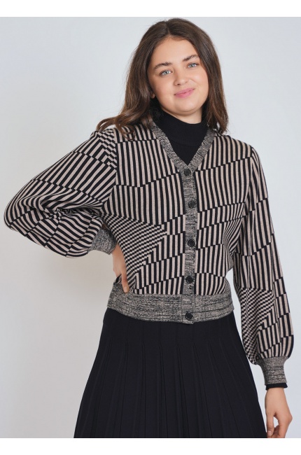 Black Cardigan with Structured Geometry & Full Sleeves