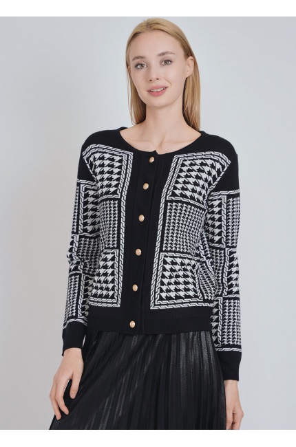 Crew Neck Cardigan in Black with White Timeless Patterns
