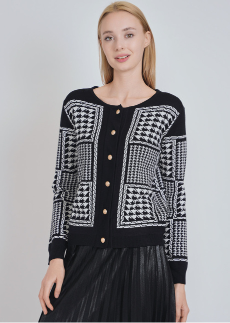 Crew Neck Cardigan in Black with White Timeless Patterns