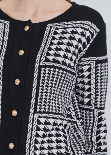 Crew Neck Cardigan in Black with White Timeless Patterns