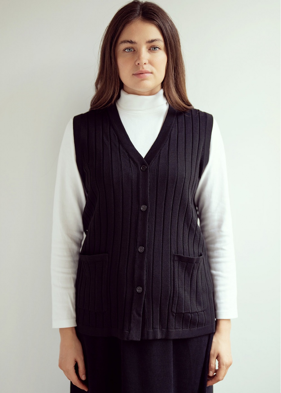 Black Ribbed Daywear Vest with Button Fastening