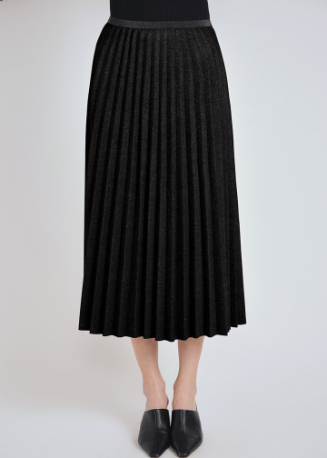 Black Pleated Suede Midi Skirt