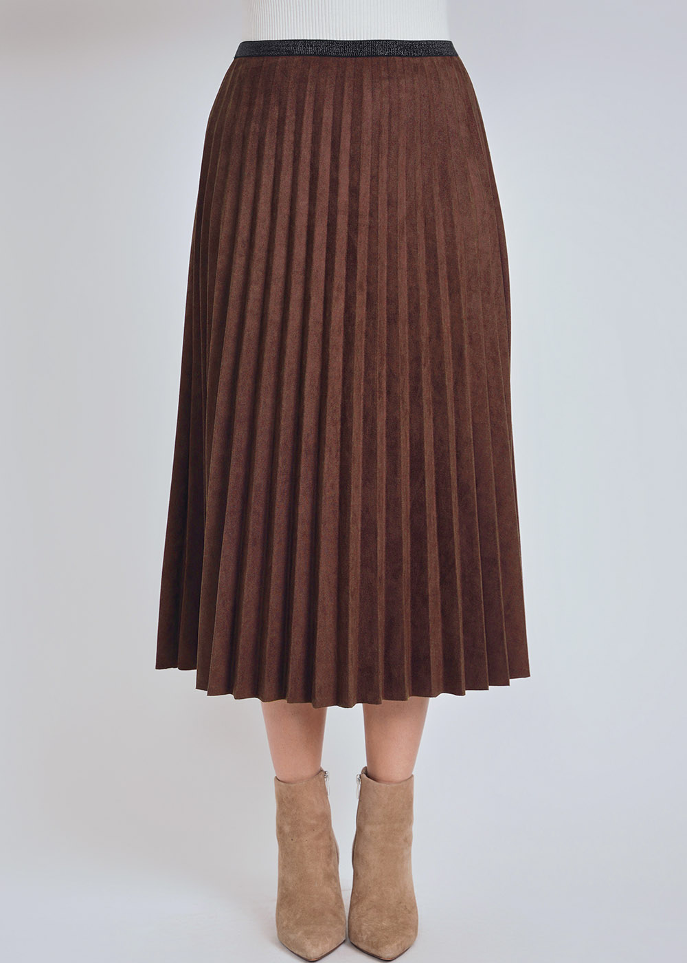 Brown Pleated Suede Midi Skirt