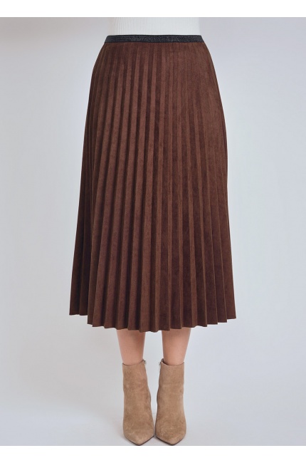 Brown Pleated Suede Midi Skirt