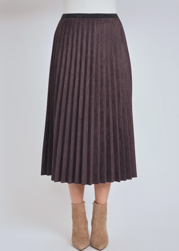 Dark Brown Pleated Suede Midi Skirt