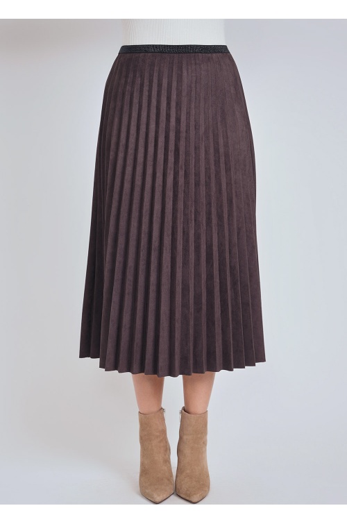 Dark Brown Pleated Suede Midi Skirt