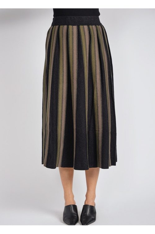 Striped Style Olive on Black Knit Midi Skirt