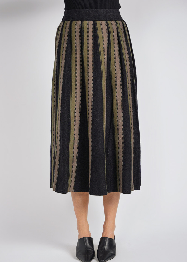 Striped Style Olive on Black Knit Midi Skirt