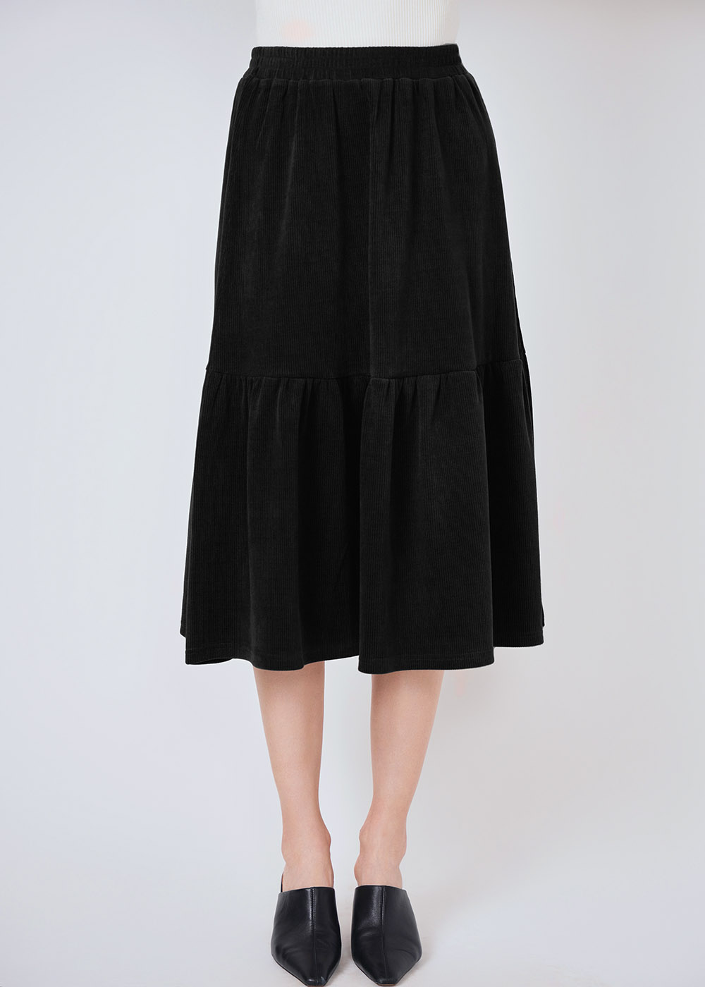 Soft Flare: Black Midi Skirt