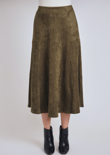 Olive Enchantment: Suede Midi Skirt