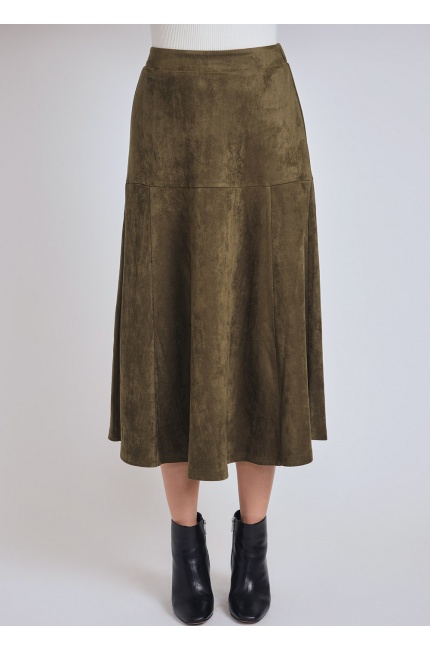 Olive Enchantment: Suede Midi Skirt