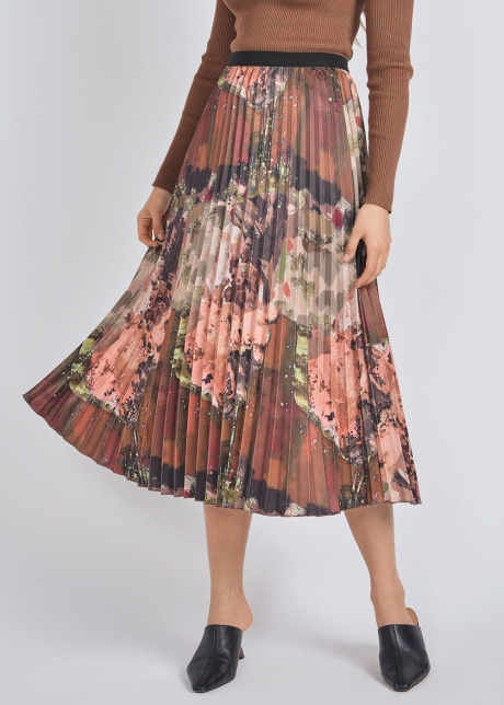 Pleated Perfection: Abstract Brown Midi Skirt