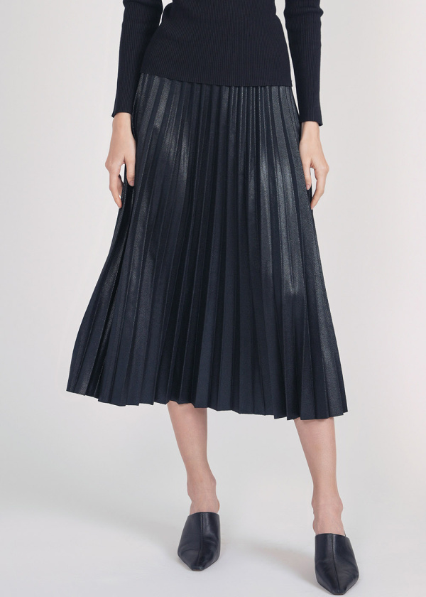Subtle Shine Black Pleated Midi Skirt