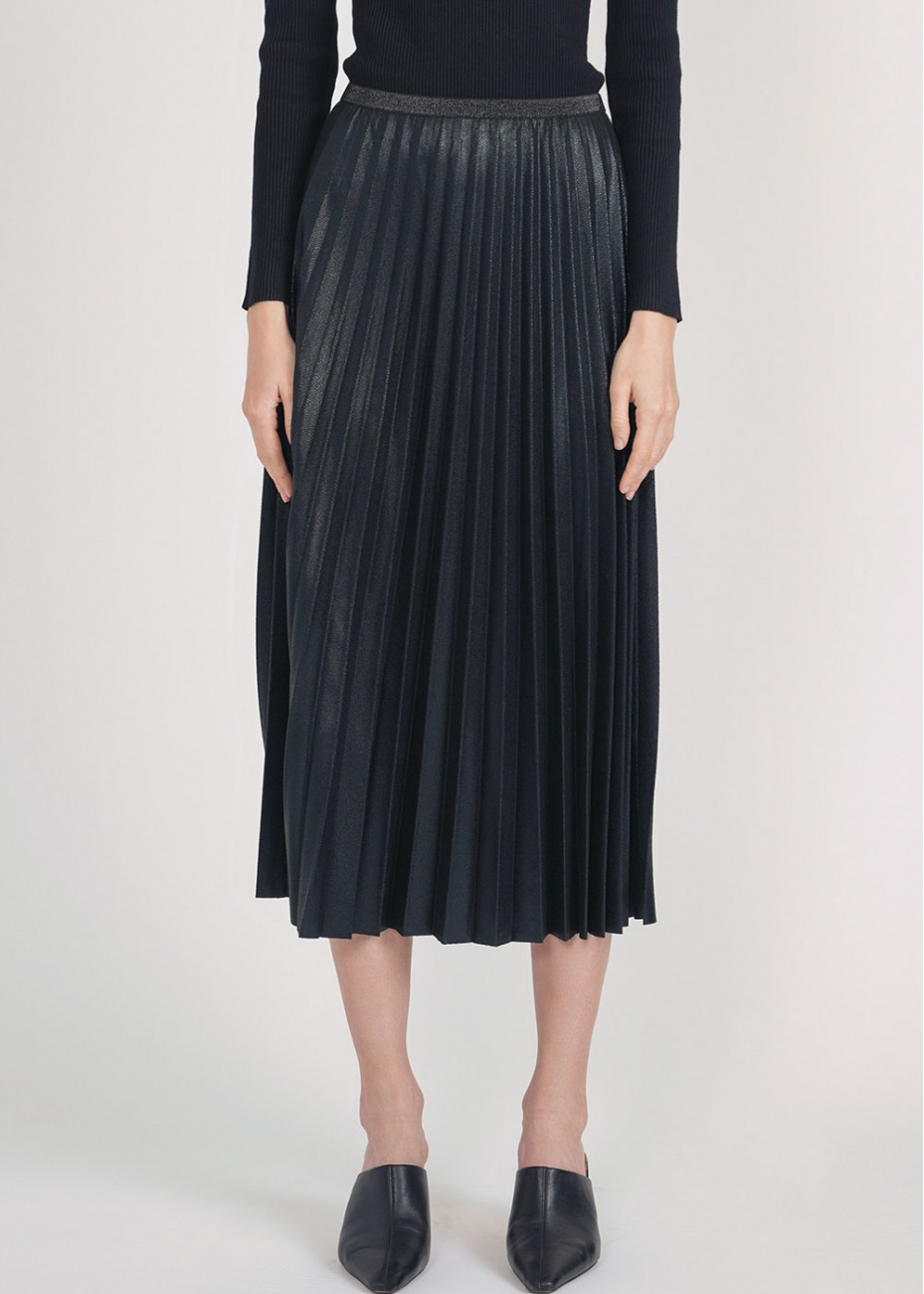Subtle Shine Black Pleated Midi Skirt