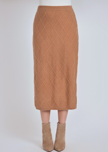 Warm Camel Skirt with Geometric Knit