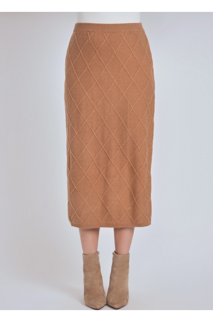 Warm Camel Skirt with Geometric Knit