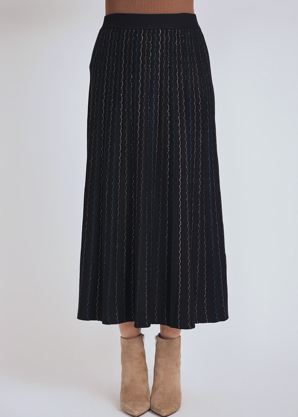 Black Ribbed Midi Skirt with Colorful Streaks
