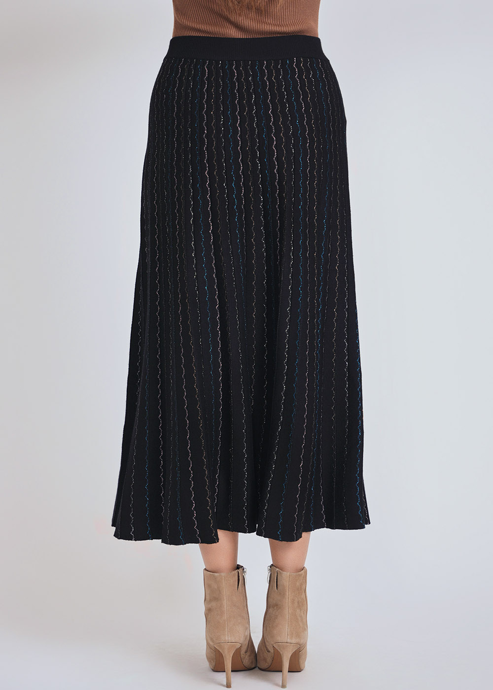 Black Ribbed Midi Skirt with Colorful Streaks