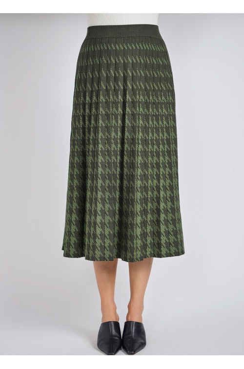 Green Midi Skirt: Houndstooth Knit Pleats