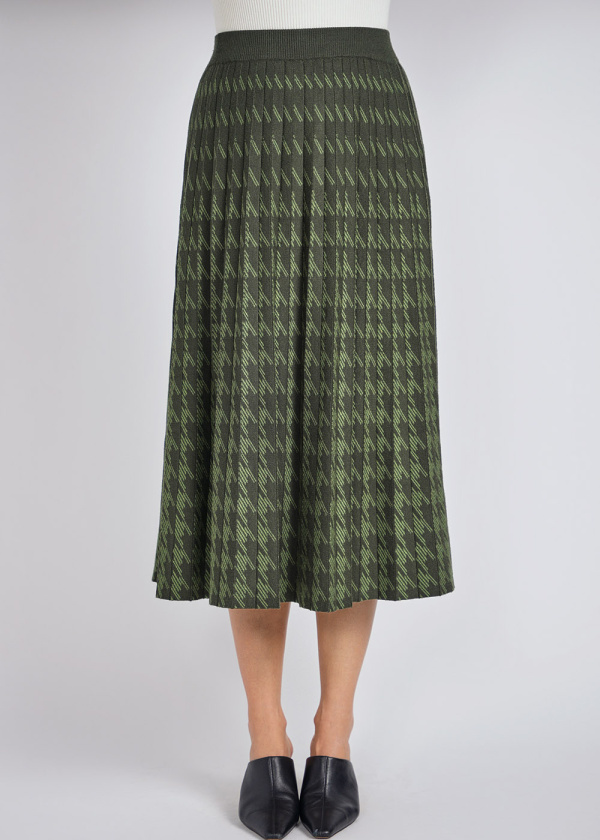 Green Midi Skirt: Houndstooth Knit Pleats