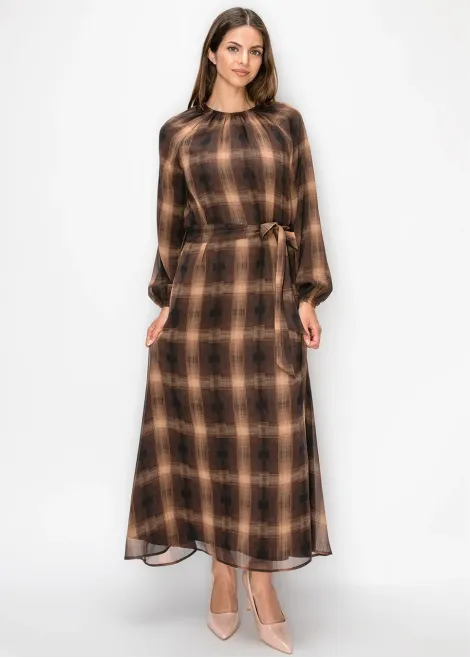 Camel Plaid Chiffon Maxi Dress