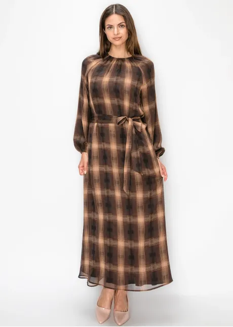 Camel Plaid Chiffon Maxi Dress