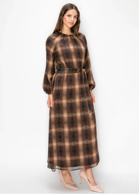 Camel Plaid Chiffon Maxi Dress