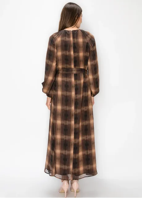 Camel Plaid Chiffon Maxi Dress