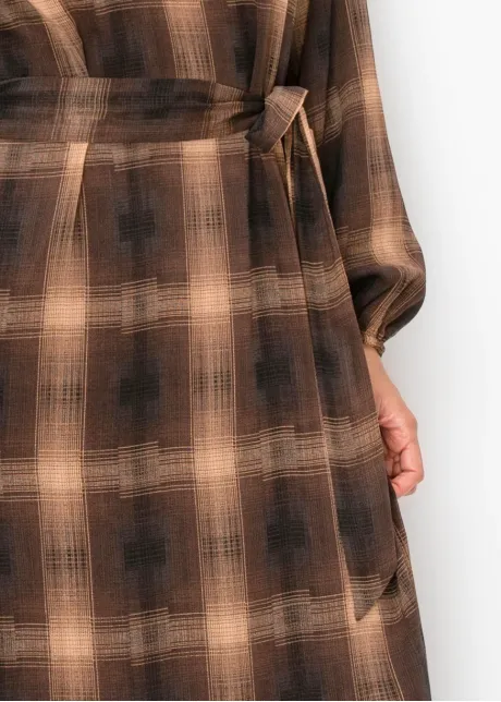 Camel Plaid Chiffon Maxi Dress