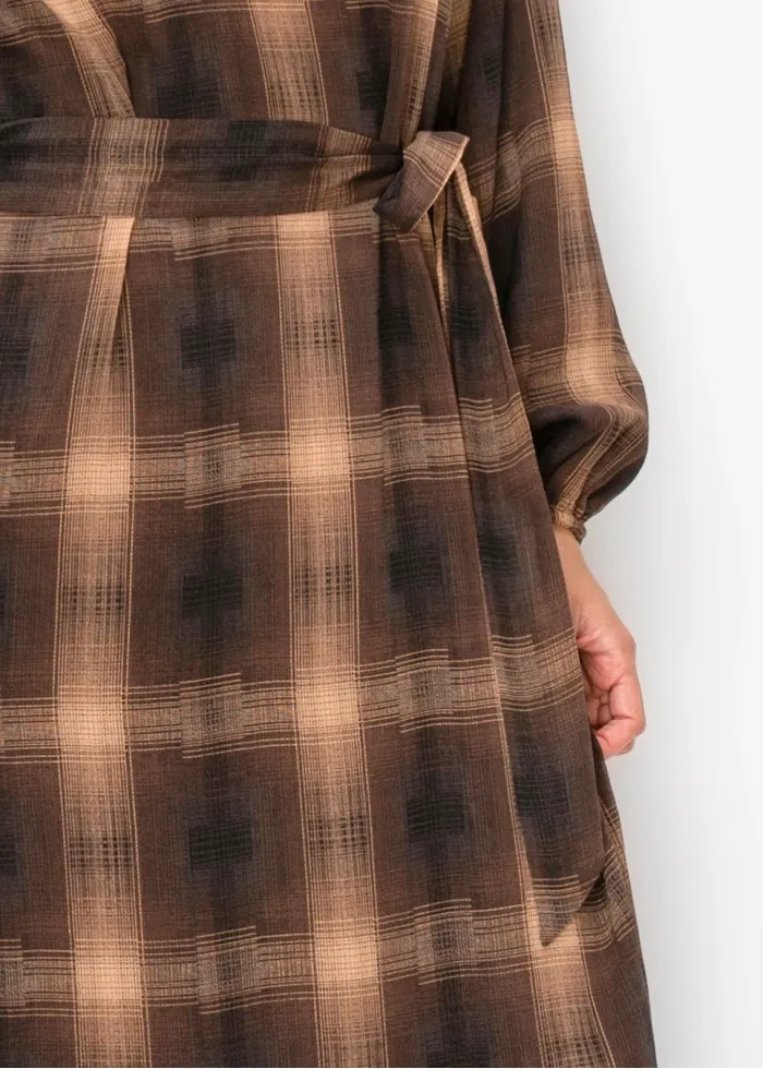 Camel Plaid Chiffon Maxi Dress