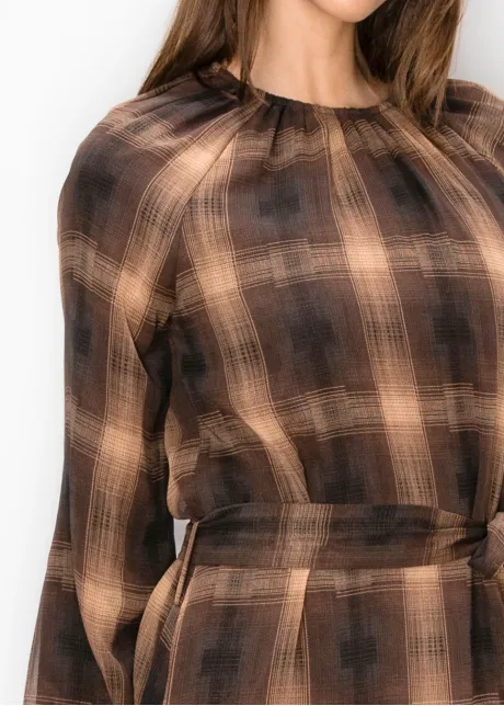 Camel Plaid Chiffon Maxi Dress