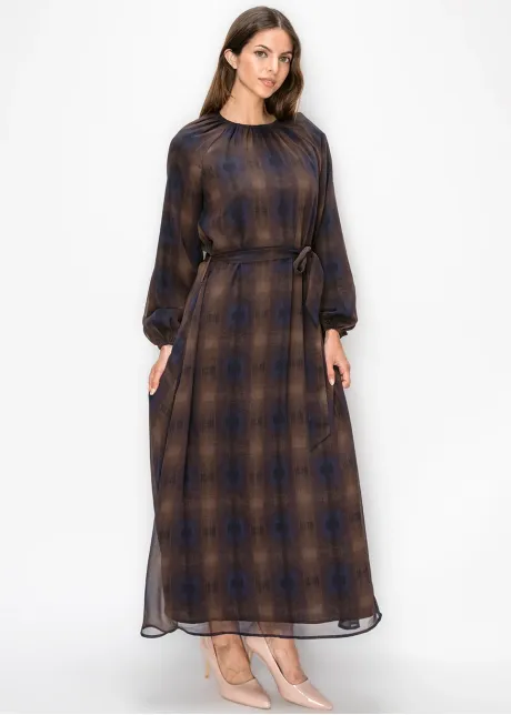 Brown and Navy Plaid Chiffon Dress