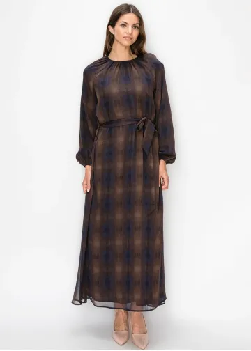 Brown and Navy Plaid Chiffon Dress