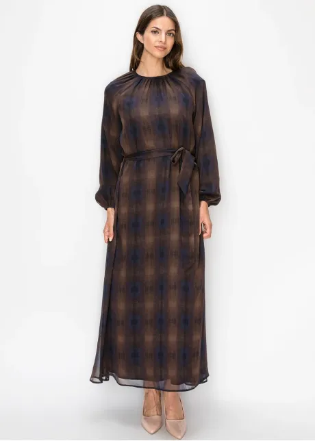 Brown and Navy Plaid Chiffon Dress