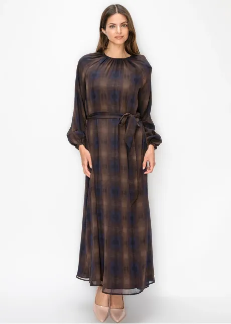 Brown and Navy Plaid Chiffon Dress