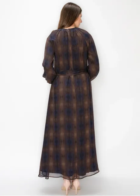 Brown and Navy Plaid Chiffon Dress
