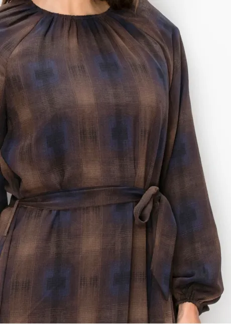 Brown and Navy Plaid Chiffon Dress