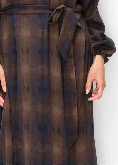Brown and Navy Plaid Chiffon Dress