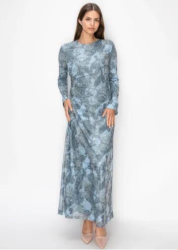Blue Floral Paisley Dress, Long Sleeve