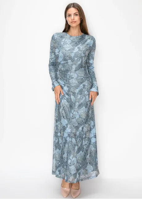 Blue Floral Paisley Dress, Long Sleeve