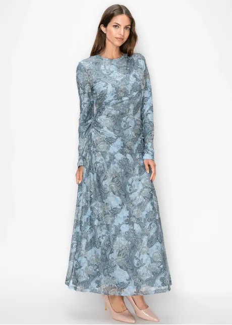 Blue Floral Paisley Dress, Long Sleeve