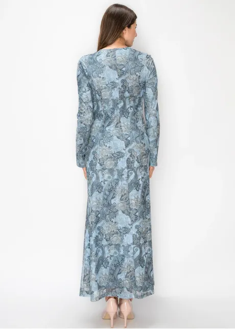 Blue Floral Paisley Dress, Long Sleeve