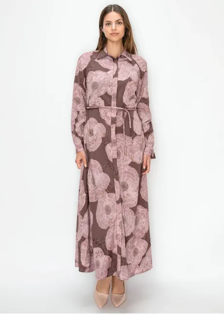 Belted Poppy Print Ankle Length Dress