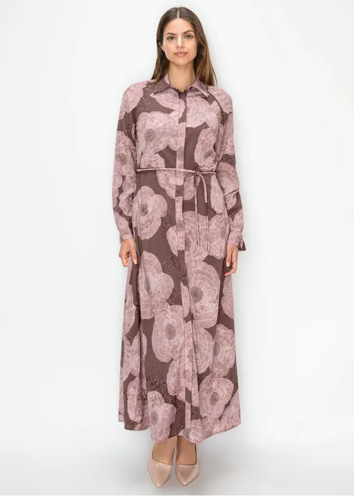 Belted Poppy Print Ankle Length Dress