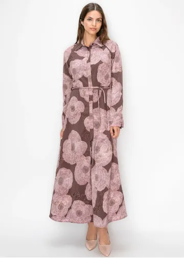 Belted Poppy Print Ankle Length Dress