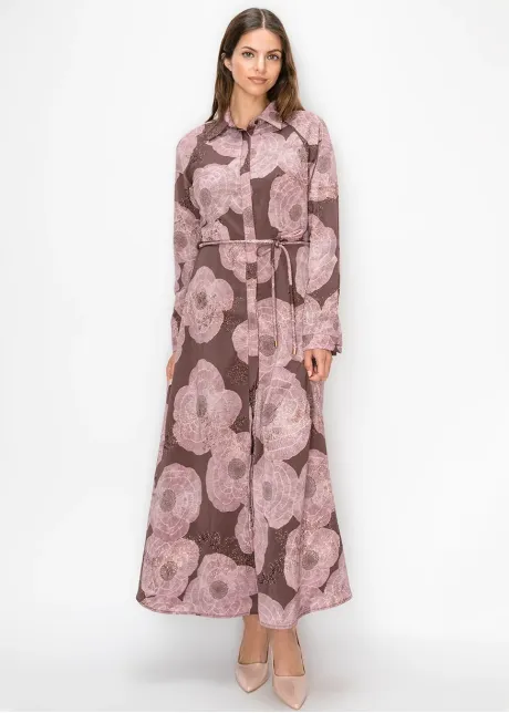 Belted Poppy Print Ankle Length Dress